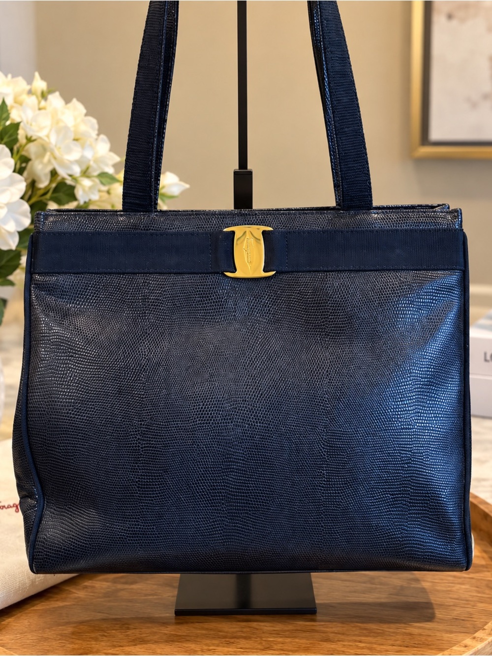 Salvatore Ferragamo Vara Navy Leather Tote EUC
